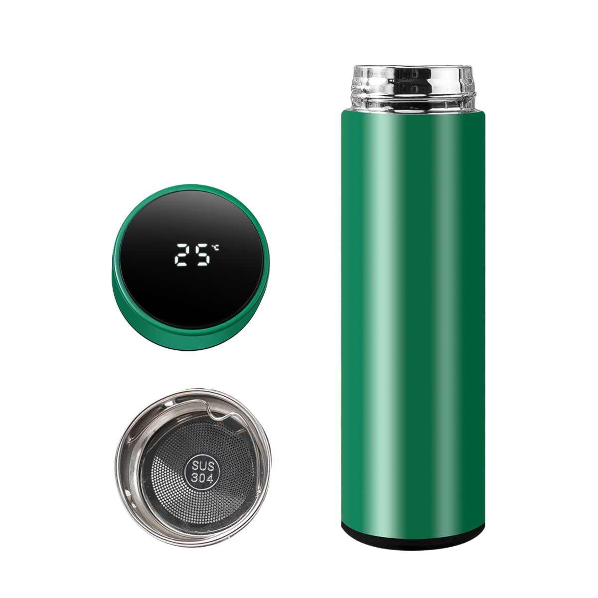 Smart Travel Mug with LCD Temperature Display - 15oz Insulated Tea/Coffee Thermo Bottle, Leak-Proof, Car Cup with Tea Infuser, Vacuum Insulated for Hot & Cold (450ml) (Black)