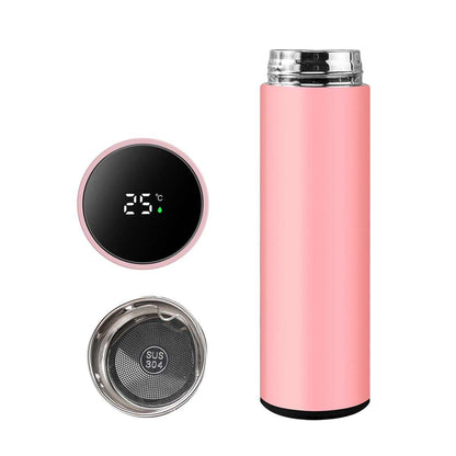 Smart Travel Mug with LCD Temperature Display - 15oz Insulated Tea/Coffee Thermo Bottle, Leak-Proof, Car Cup with Tea Infuser, Vacuum Insulated for Hot & Cold (450ml) (Black)