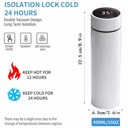 Smart Travel Mug with LCD Temperature Display - 15oz Insulated Tea/Coffee Thermo Bottle, Leak-Proof, Car Cup with Tea Infuser, Vacuum Insulated for Hot & Cold (450ml) (Black)