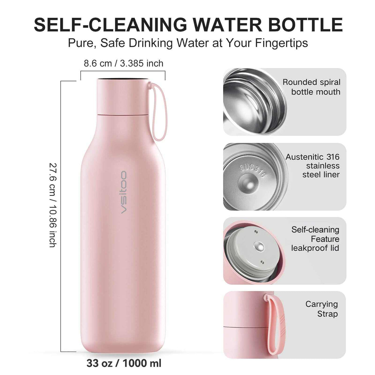 Vsitoo 15oz Smart Self Cleaning Water Bottle，Insulated Water Bottle with Stainless Steel, BPA-Free, AI Self-Clean, 30-Day Battery, Magnetic Charging for Travel, Gym or Office, White