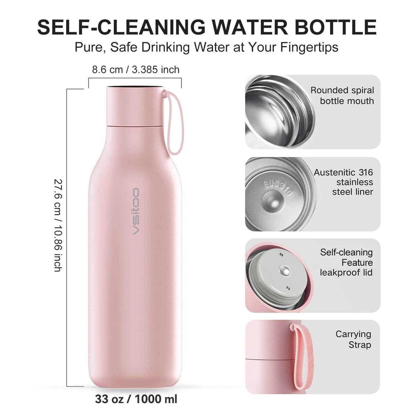 Vsitoo 15oz Smart Self Cleaning Water Bottle，Insulated Water Bottle with Stainless Steel, BPA-Free, AI Self-Clean, 30-Day Battery, Magnetic Charging for Travel, Gym or Office, White