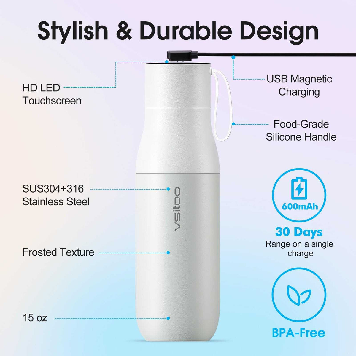 Vsitoo 15oz Smart Self Cleaning Water Bottle，Insulated Water Bottle with Stainless Steel, BPA-Free, AI Self-Clean, 30-Day Battery, Magnetic Charging for Travel, Gym or Office, White