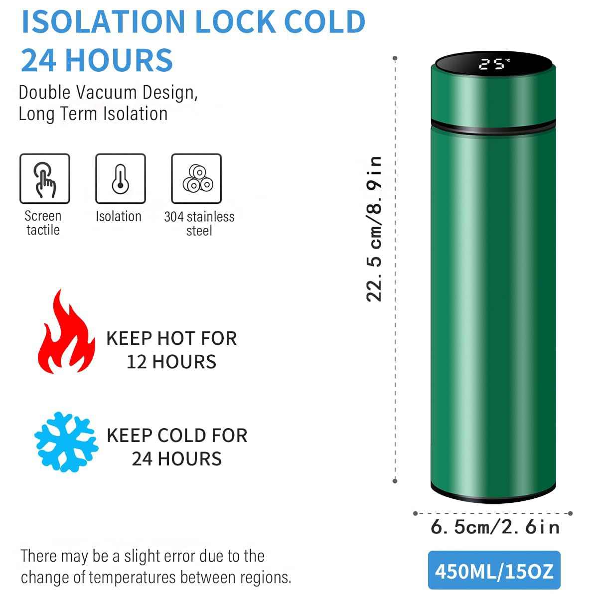 Smart Travel Mug with LCD Temperature Display - 15oz Insulated Tea/Coffee Thermo Bottle, Leak-Proof, Car Cup with Tea Infuser, Vacuum Insulated for Hot & Cold (450ml) (Black)