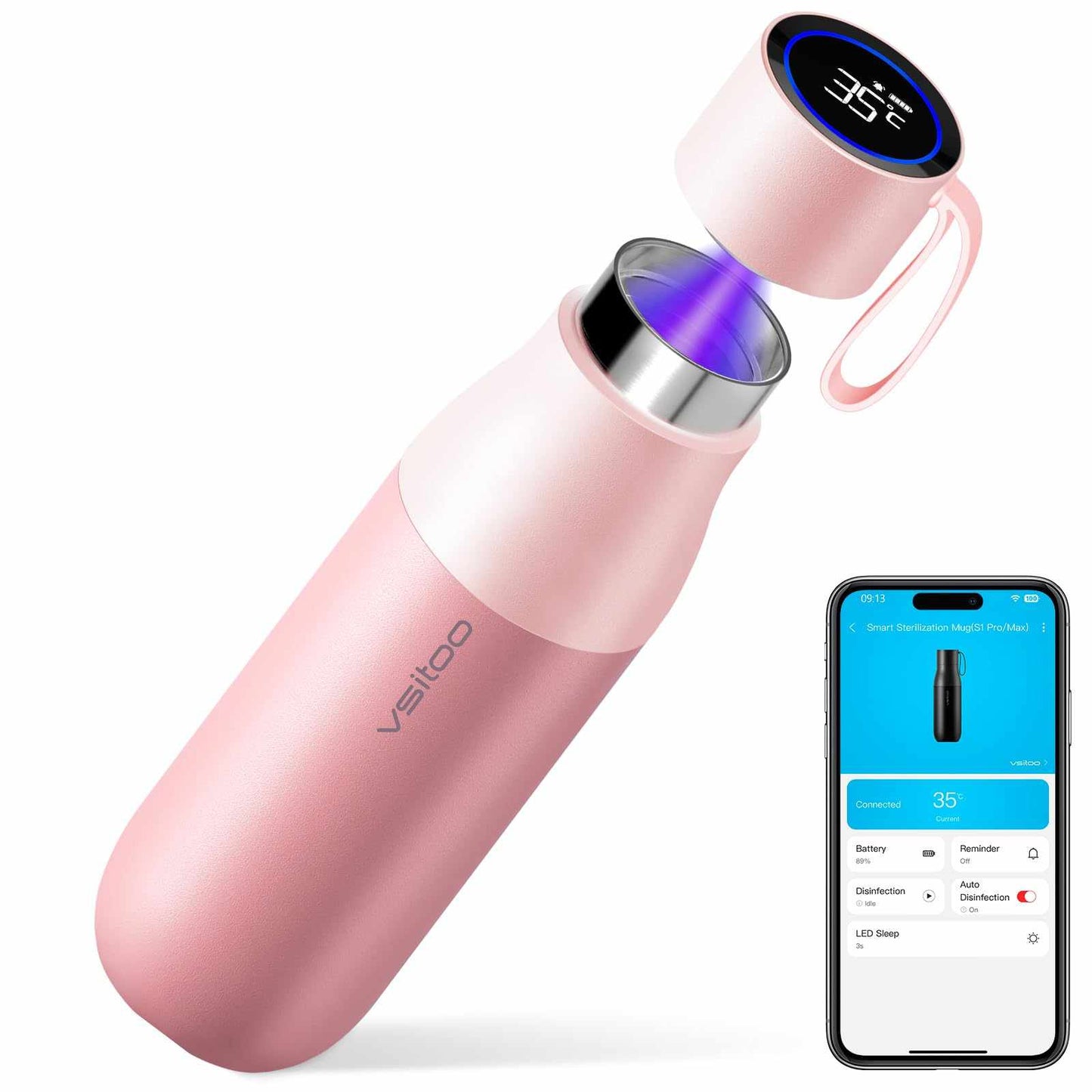 Vsitoo 15oz Smart Self Cleaning Water Bottle，Insulated Water Bottle with Stainless Steel, BPA-Free, AI Self-Clean, 30-Day Battery, Magnetic Charging for Travel, Gym or Office, White
