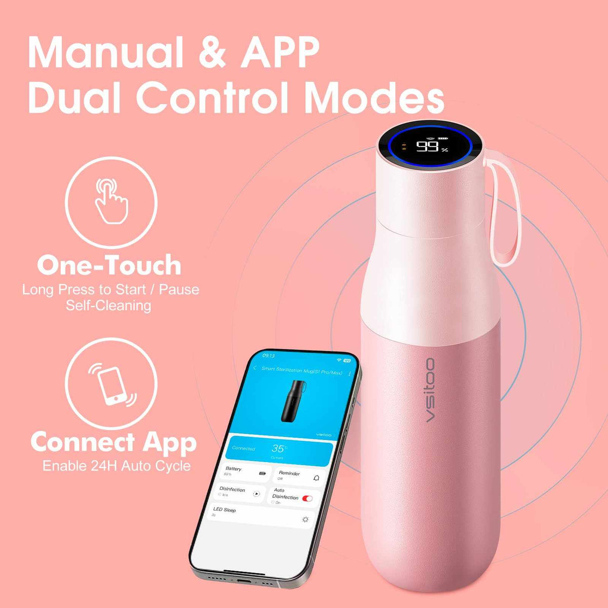 Vsitoo 15oz Smart Self Cleaning Water Bottle，Insulated Water Bottle with Stainless Steel, BPA-Free, AI Self-Clean, 30-Day Battery, Magnetic Charging for Travel, Gym or Office, White