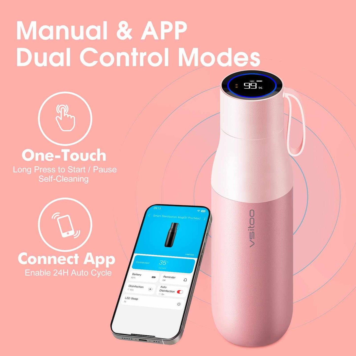Vsitoo 15oz Smart Self Cleaning Water Bottle，Insulated Water Bottle with Stainless Steel, BPA-Free, AI Self-Clean, 30-Day Battery, Magnetic Charging for Travel, Gym or Office, White