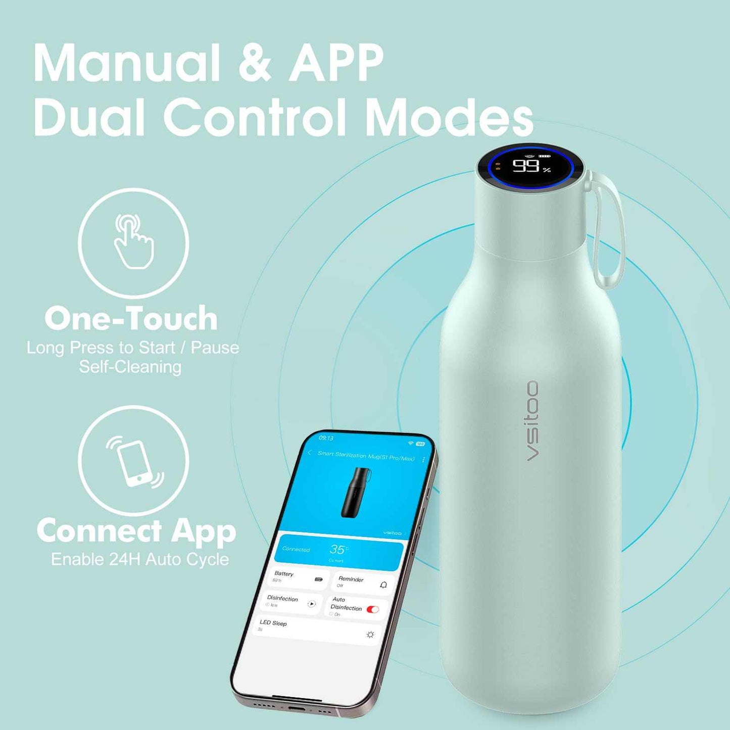 Vsitoo 15oz Smart Self Cleaning Water Bottle，Insulated Water Bottle with Stainless Steel, BPA-Free, AI Self-Clean, 30-Day Battery, Magnetic Charging for Travel, Gym or Office, White