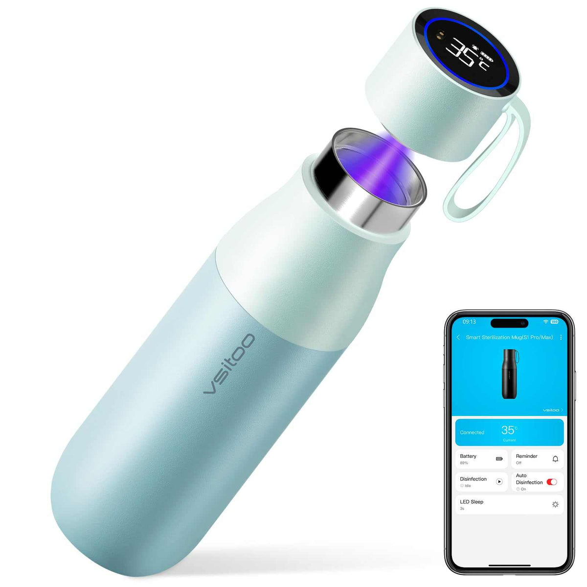 Vsitoo 15oz Smart Self Cleaning Water Bottle，Insulated Water Bottle with Stainless Steel, BPA-Free, AI Self-Clean, 30-Day Battery, Magnetic Charging for Travel, Gym or Office, White