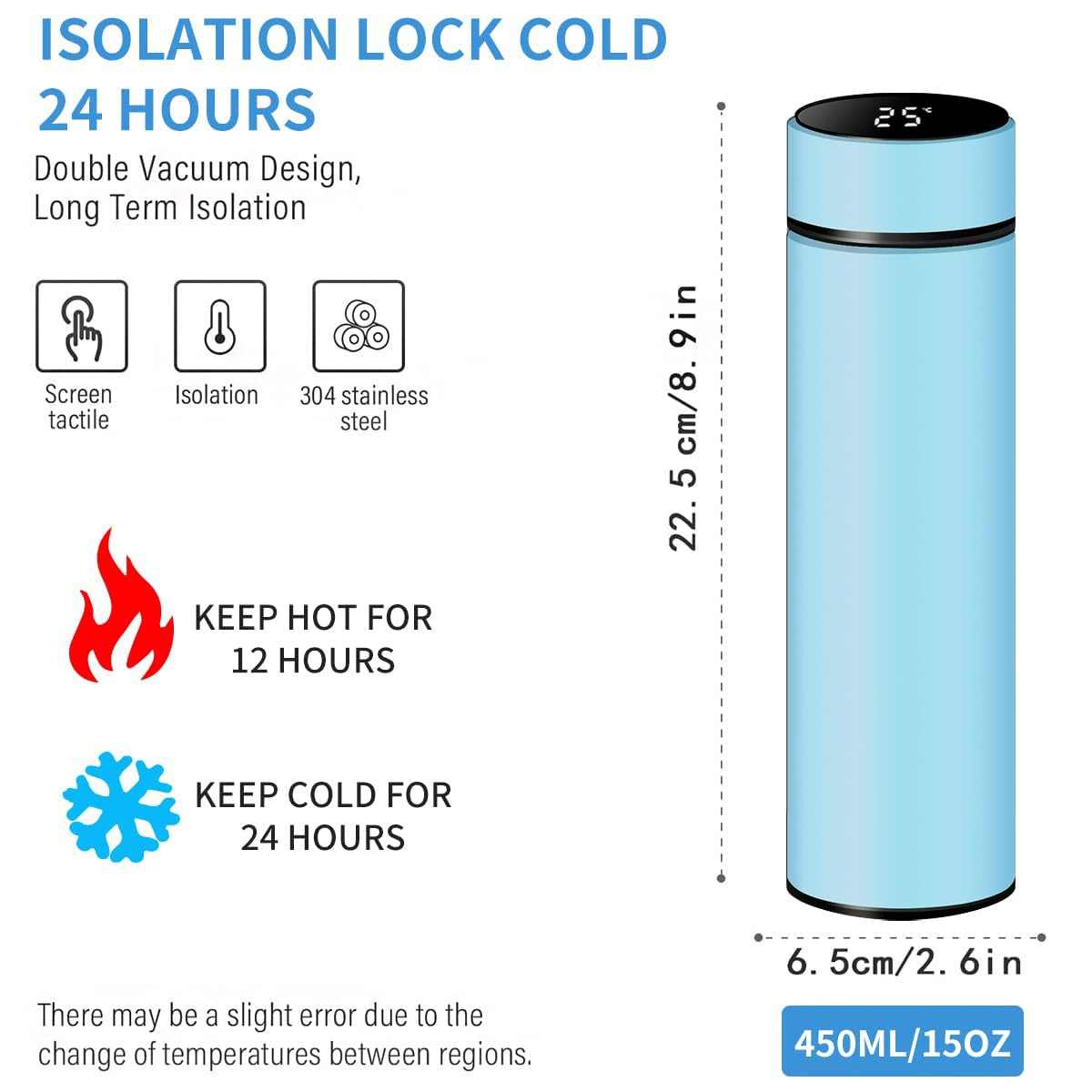 Smart Travel Mug with LCD Temperature Display - 15oz Insulated Tea/Coffee Thermo Bottle, Leak-Proof, Car Cup with Tea Infuser, Vacuum Insulated for Hot & Cold (450ml) (Black)