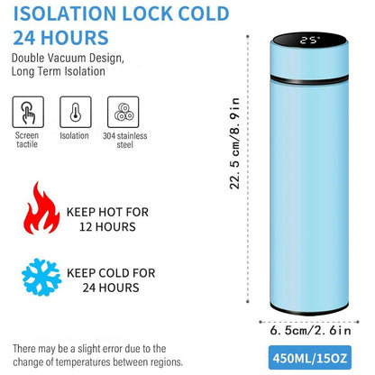 Smart Travel Mug with LCD Temperature Display - 15oz Insulated Tea/Coffee Thermo Bottle, Leak-Proof, Car Cup with Tea Infuser, Vacuum Insulated for Hot & Cold (450ml) (Black)