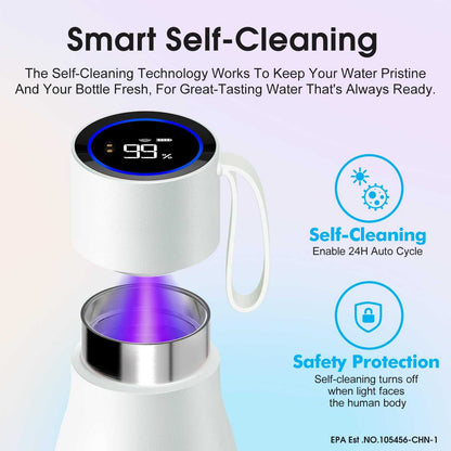 Vsitoo 15oz Smart Self Cleaning Water Bottle，Insulated Water Bottle with Stainless Steel, BPA-Free, AI Self-Clean, 30-Day Battery, Magnetic Charging for Travel, Gym or Office, White