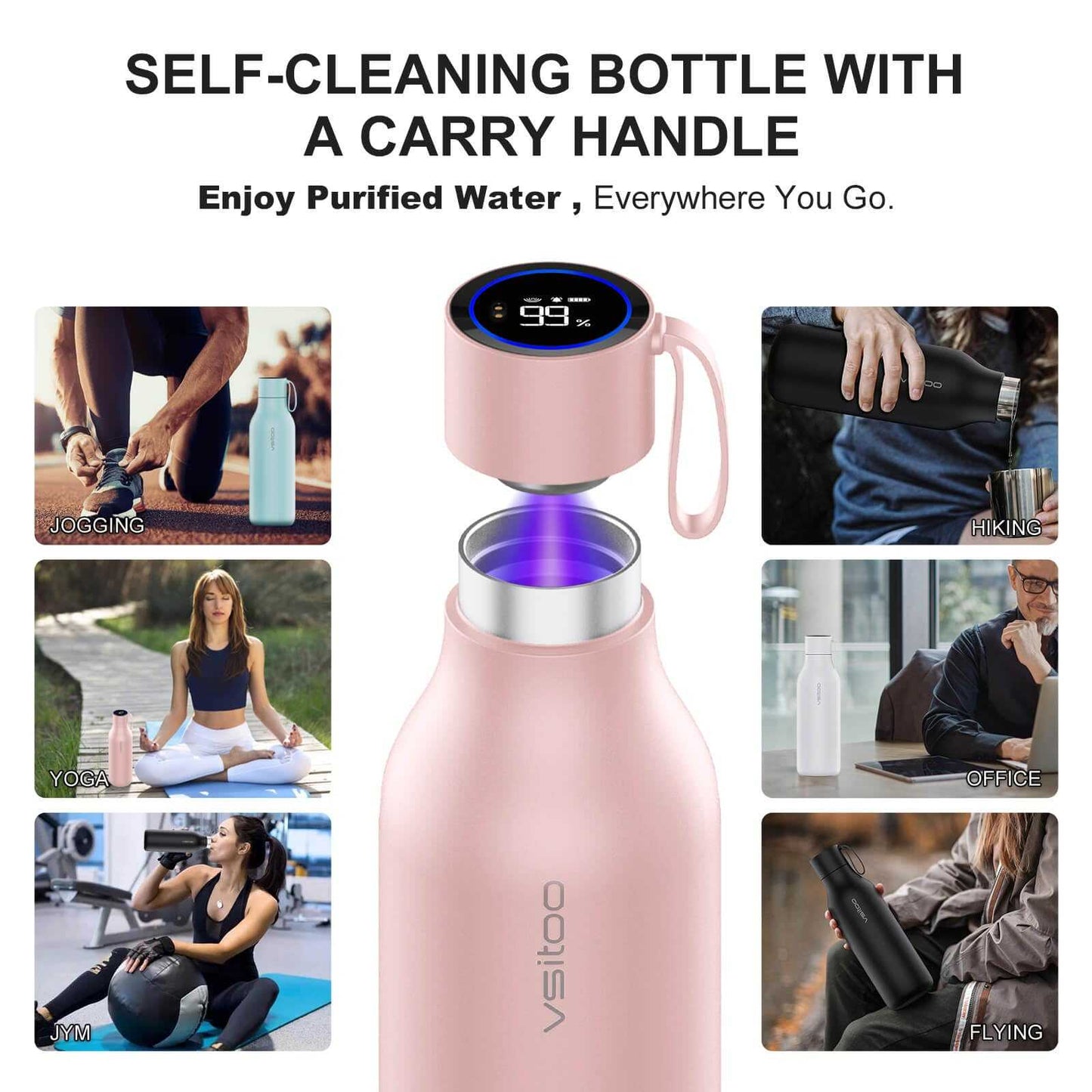 Vsitoo 15oz Smart Self Cleaning Water Bottle，Insulated Water Bottle with Stainless Steel, BPA-Free, AI Self-Clean, 30-Day Battery, Magnetic Charging for Travel, Gym or Office, White