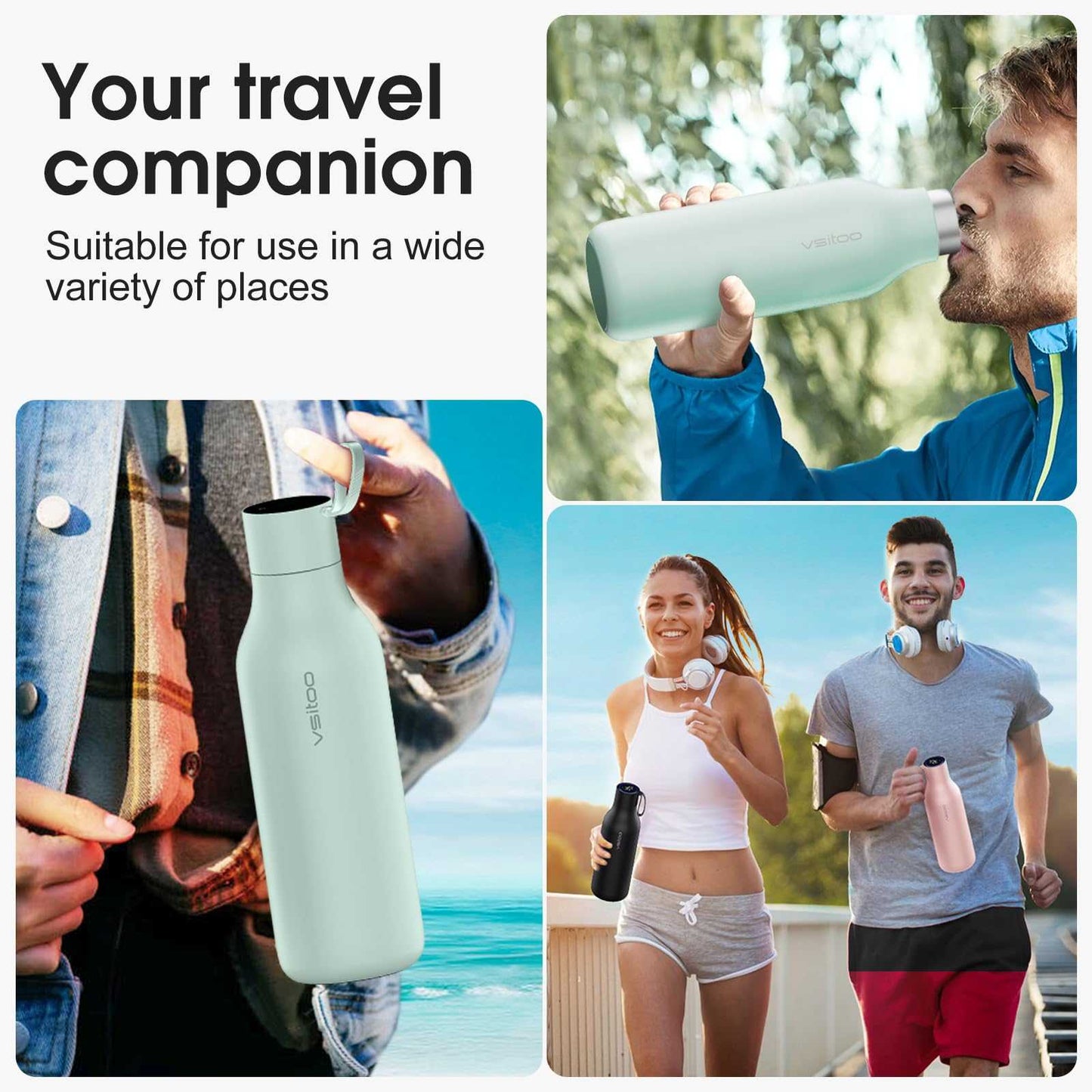 Vsitoo 15oz Smart Self Cleaning Water Bottle，Insulated Water Bottle with Stainless Steel, BPA-Free, AI Self-Clean, 30-Day Battery, Magnetic Charging for Travel, Gym or Office, White