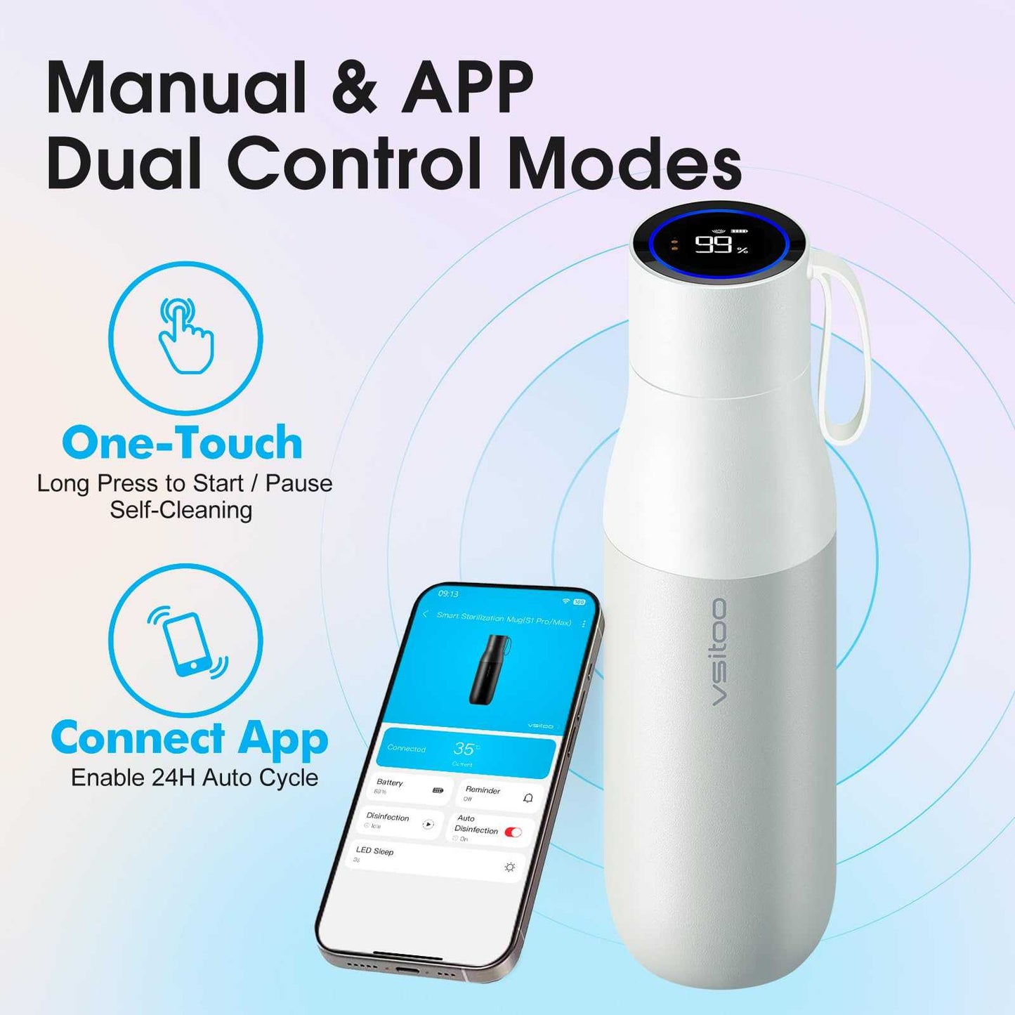 Vsitoo 15oz Smart Self Cleaning Water Bottle，Insulated Water Bottle with Stainless Steel, BPA-Free, AI Self-Clean, 30-Day Battery, Magnetic Charging for Travel, Gym or Office, White