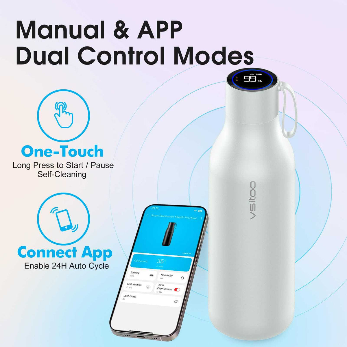 Vsitoo 15oz Smart Self Cleaning Water Bottle，Insulated Water Bottle with Stainless Steel, BPA-Free, AI Self-Clean, 30-Day Battery, Magnetic Charging for Travel, Gym or Office, White