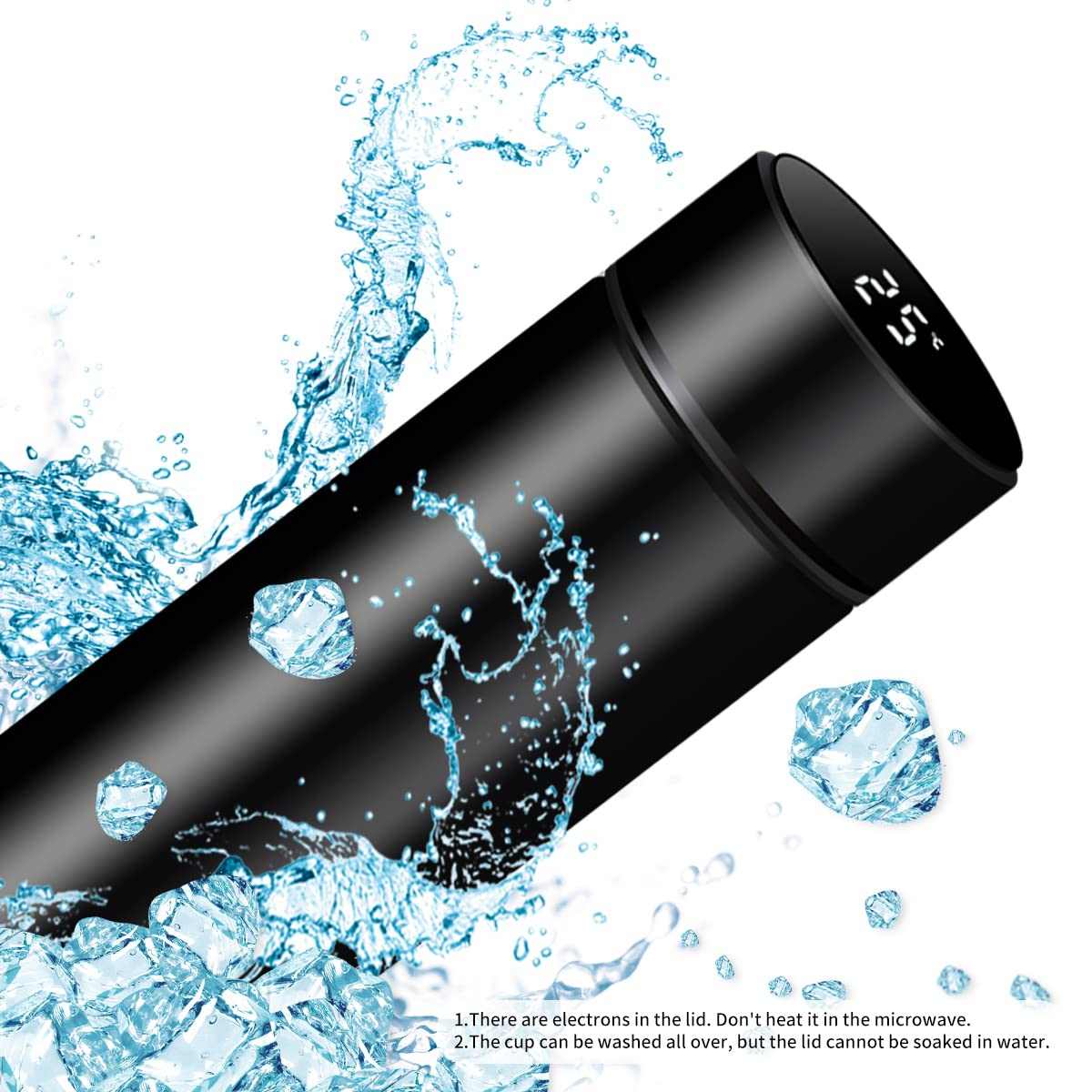 Smart Travel Mug with LCD Temperature Display - 15oz Insulated Tea/Coffee Thermo Bottle, Leak-Proof, Car Cup with Tea Infuser, Vacuum Insulated for Hot & Cold (450ml) (Black)