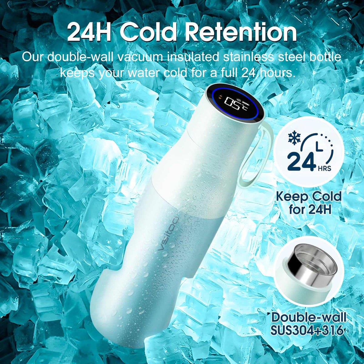Vsitoo 15oz Smart Self Cleaning Water Bottle，Insulated Water Bottle with Stainless Steel, BPA-Free, AI Self-Clean, 30-Day Battery, Magnetic Charging for Travel, Gym or Office, White