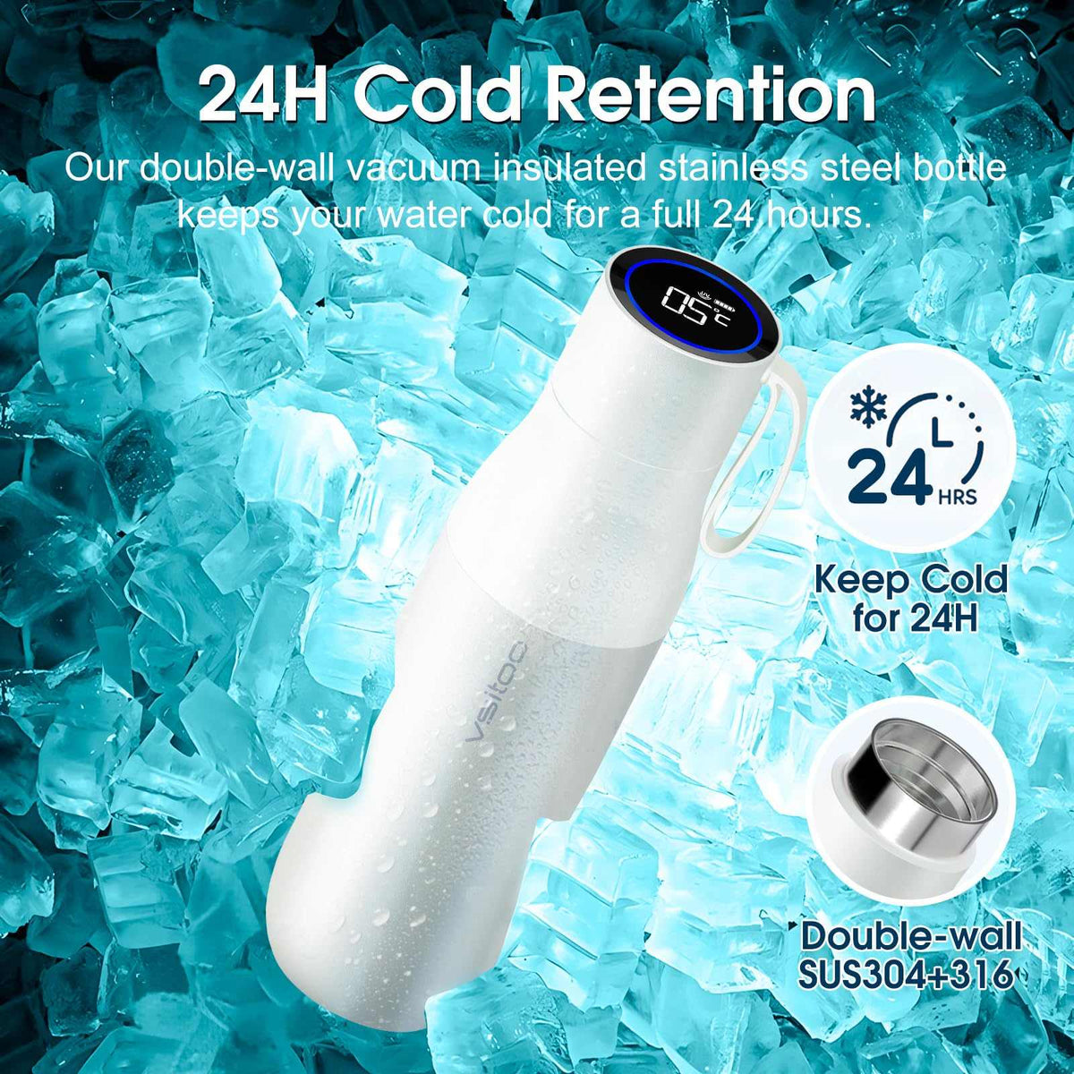 Vsitoo 15oz Smart Self Cleaning Water Bottle，Insulated Water Bottle with Stainless Steel, BPA-Free, AI Self-Clean, 30-Day Battery, Magnetic Charging for Travel, Gym or Office, White